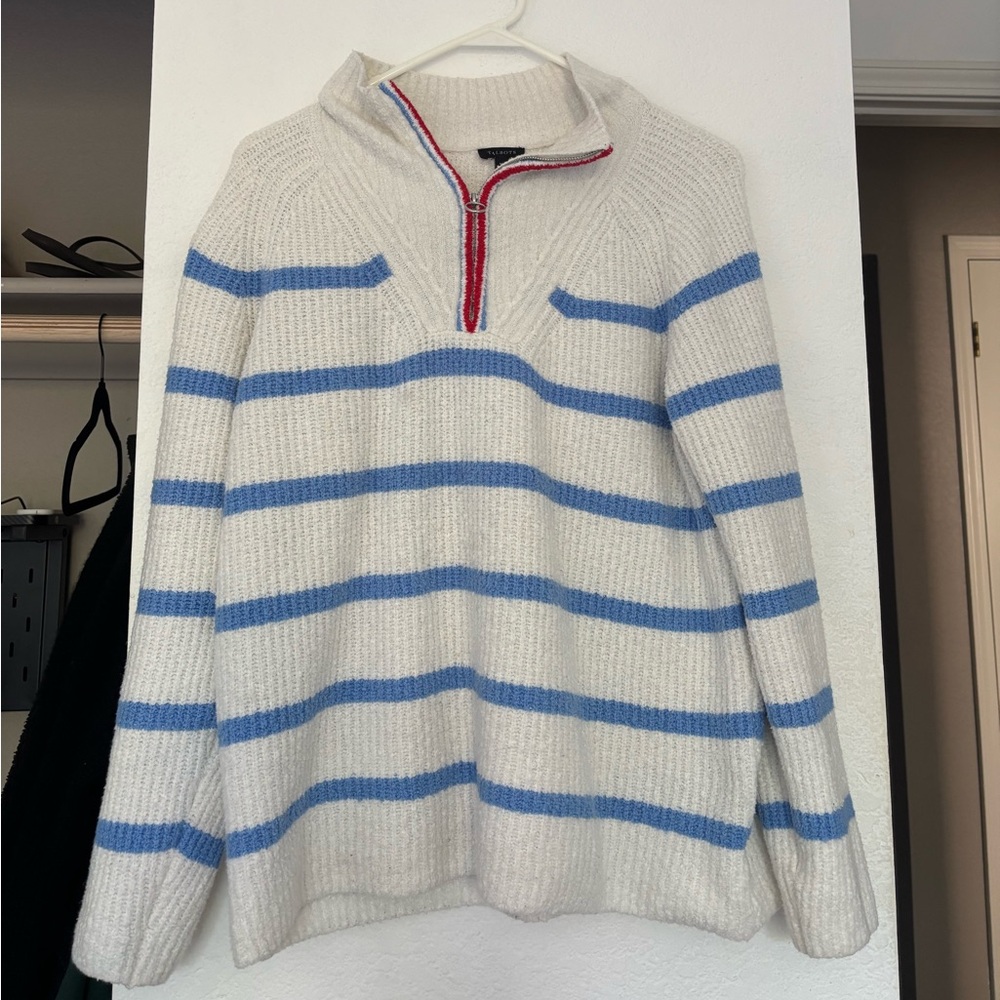 Talbots White and Blue Striped V-Neck quarter zip